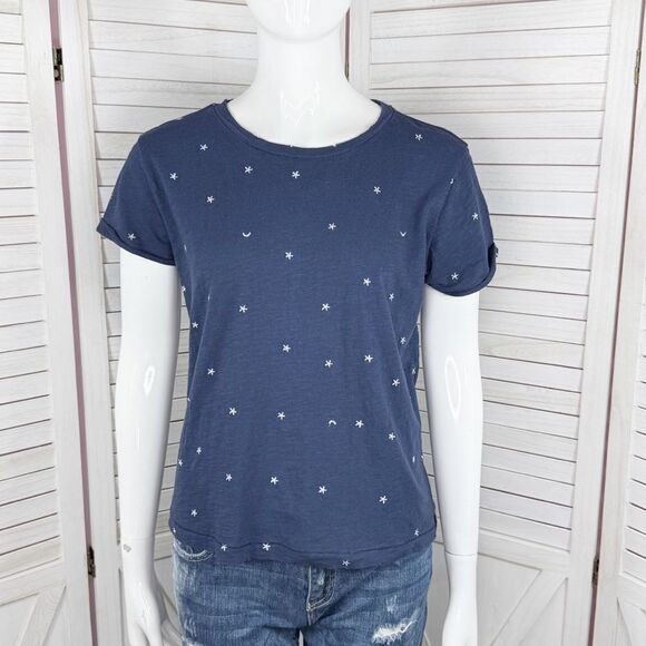 Lucky Brand Embroidered Stars & Moons Slub Tee Blue Silver Small - Picture 2 of 11